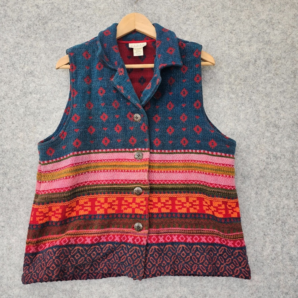 Tapestry Vest Womens Large Blue Red Aztec Stripe Southwestern Boho‎ CEDAR CANYON